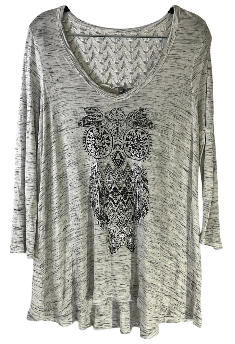 New Directions Gray Tribal Graphic Crochet Back Quarter Sleeve Tunic Top M